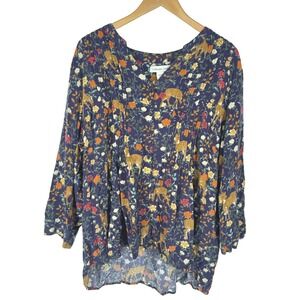 Coldwater Creek Womens Floral Deer Button Pintuck Top 2x Novelty Cottagecore